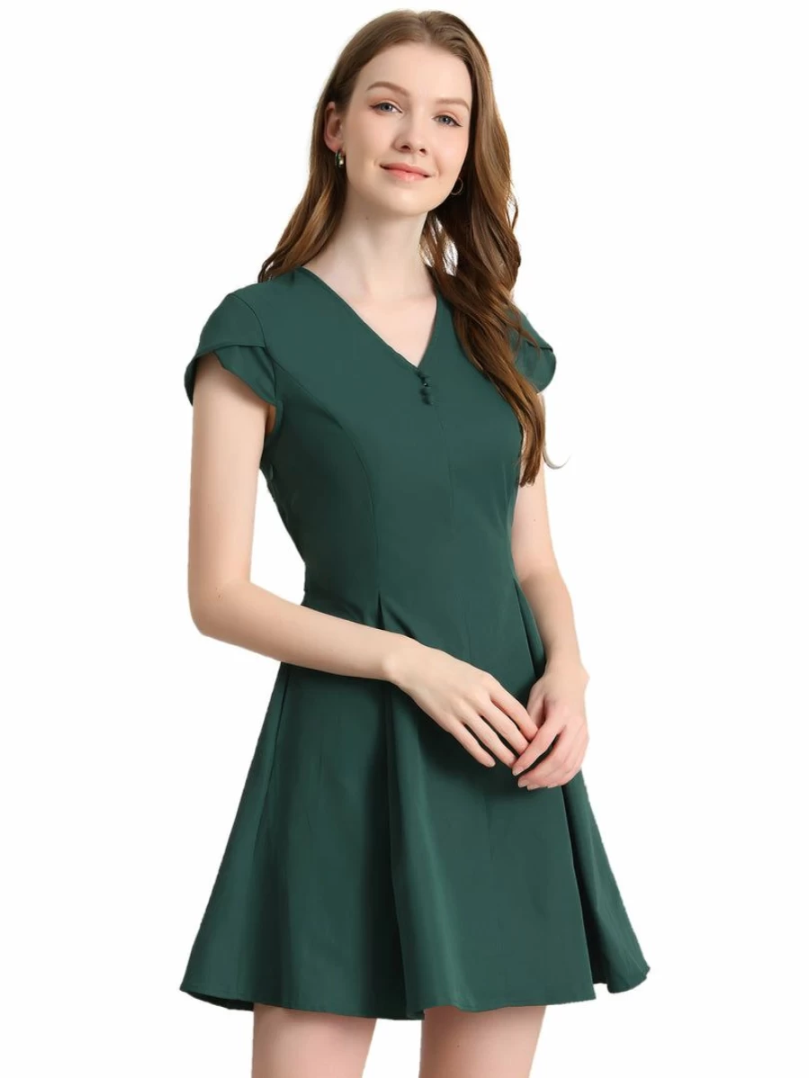 * Women's Dark Green Tulip Sleeve Flowy A-Line Mini Dress with Tie Waist