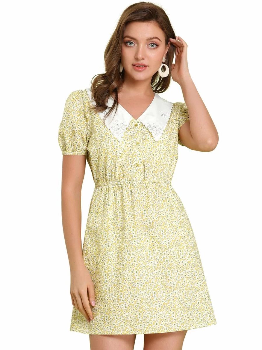 Yellow Floral Embroidered V-Neck Dress with Elastic Waist & Pockets for Women