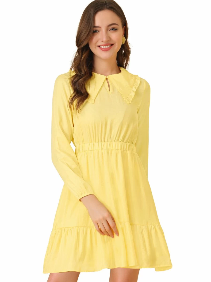 Yellow Women's Ruffle Hem Dress with Keyhole Front & Elastic Waist