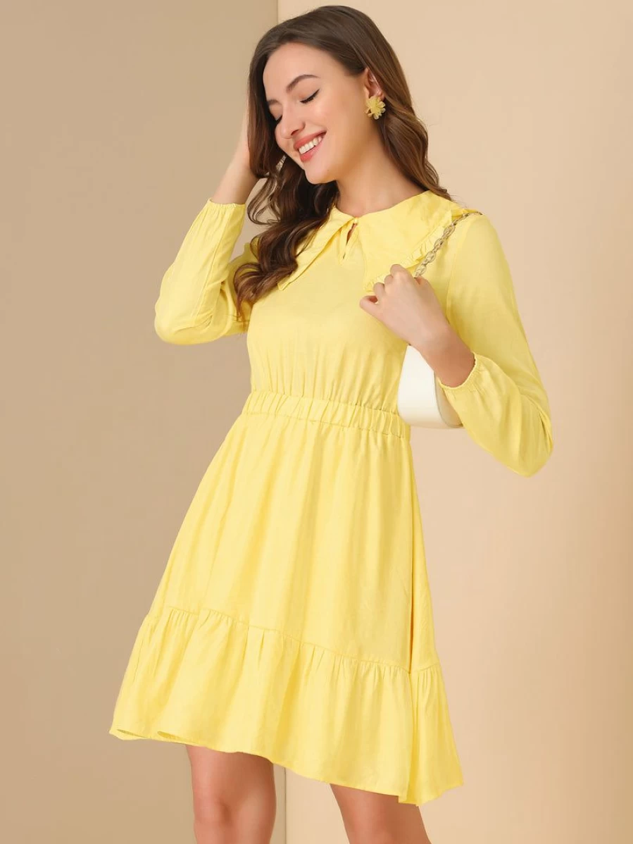 Yellow Women's Ruffle Hem Dress with Keyhole Front & Elastic Waist