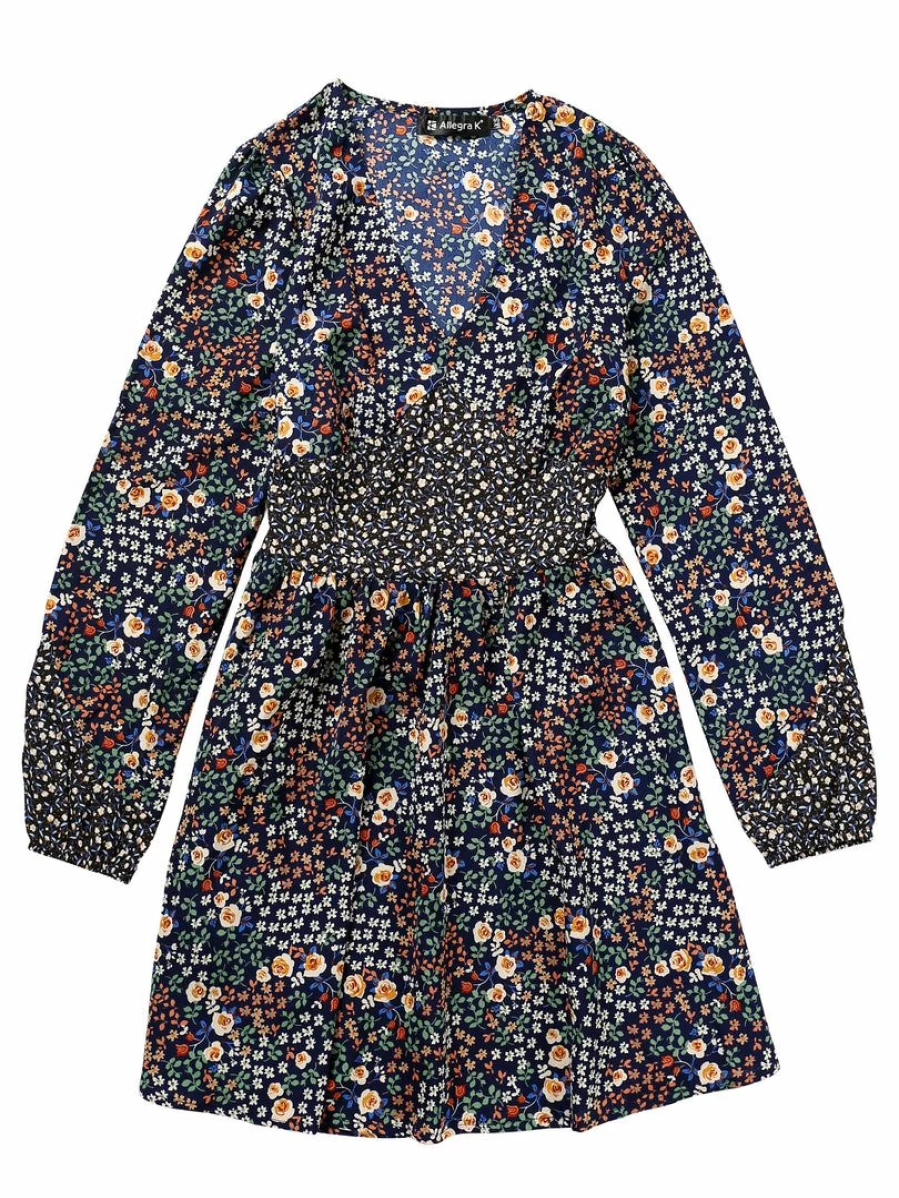 Dark Blue Floral V-Neck Long Sleeve Chiffon Dress with Contrast Panel for Women