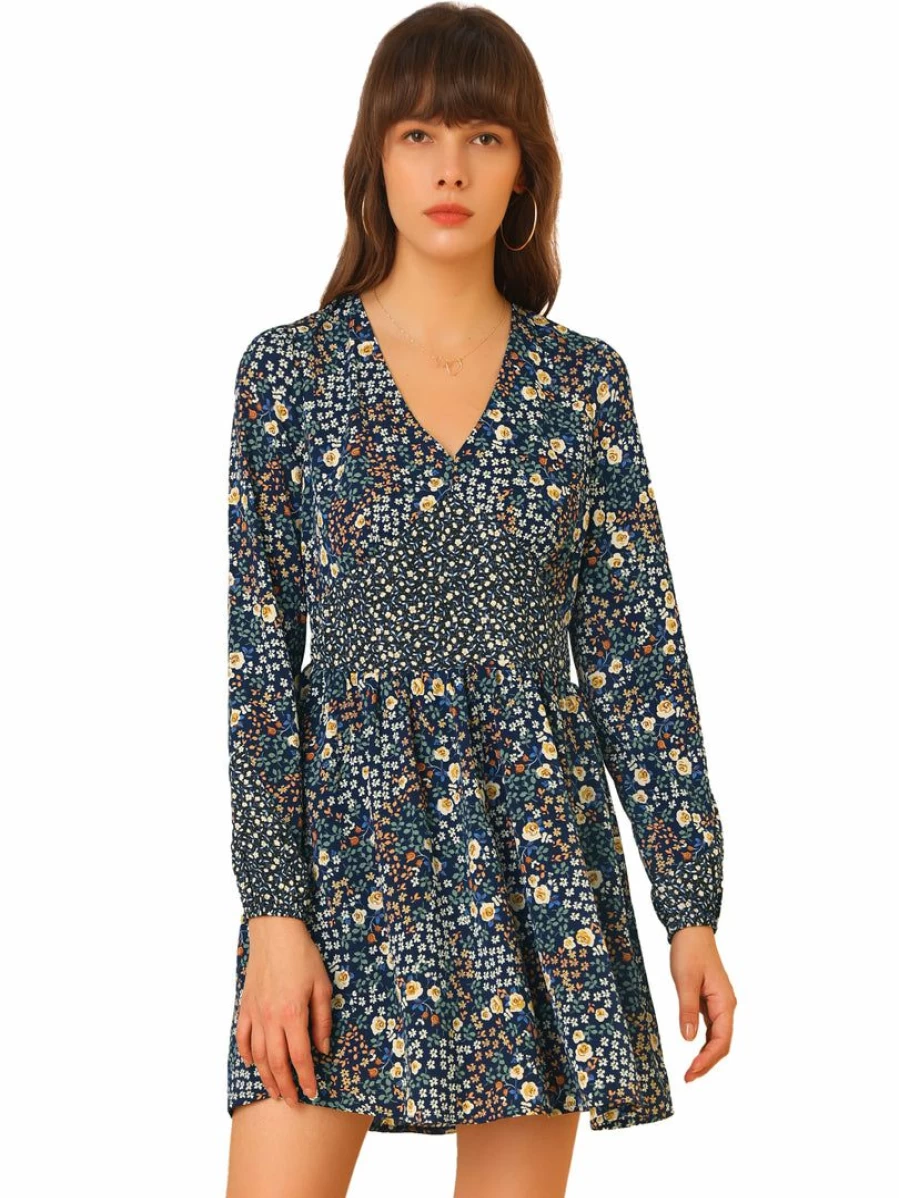 Dark Blue Floral V-Neck Long Sleeve Chiffon Dress with Contrast Panel for Women