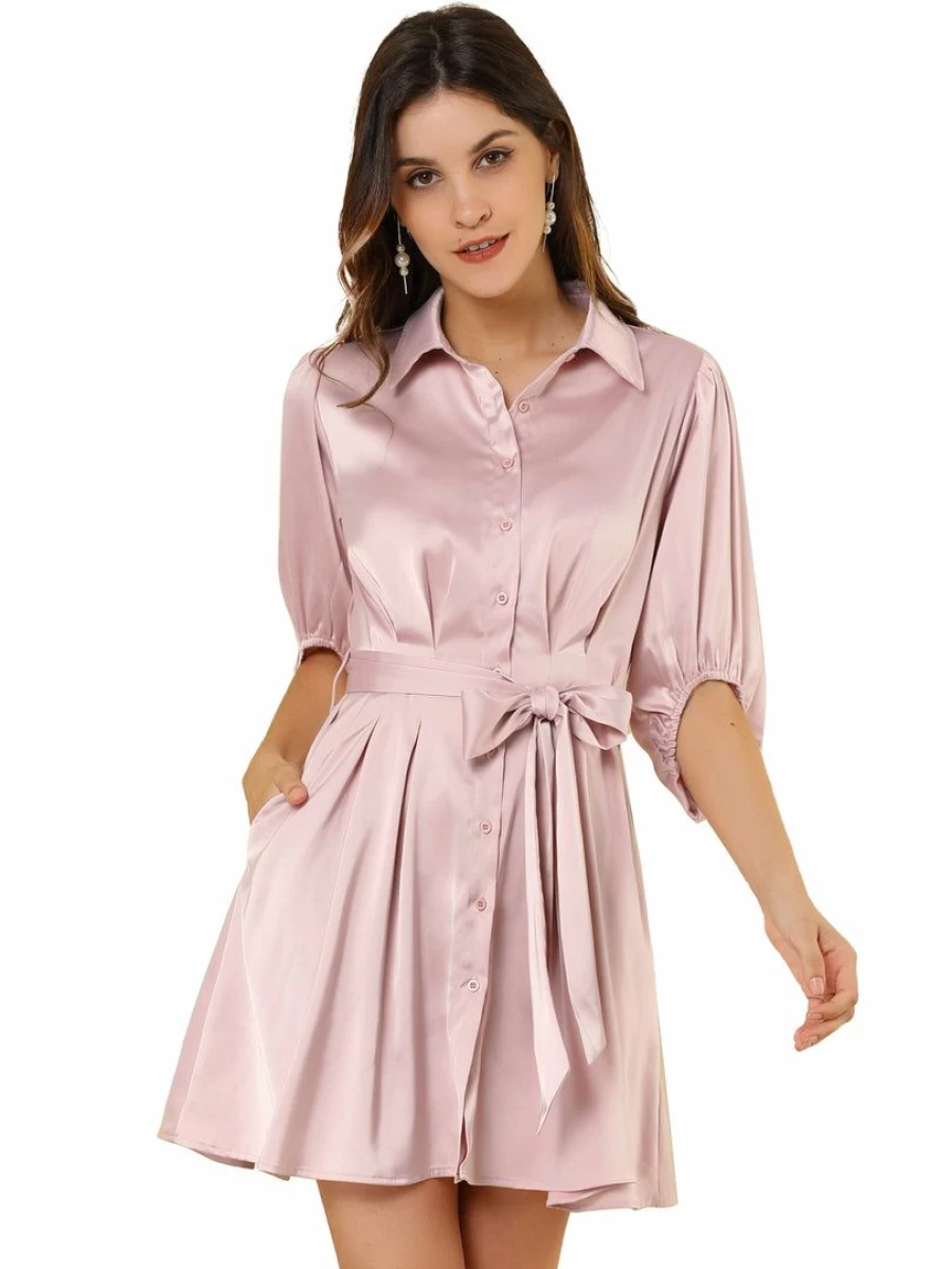 Elegant Satin A-Line Dress with Pleated Waist, Puff Sleeves, and Belted Shirt Design for Women