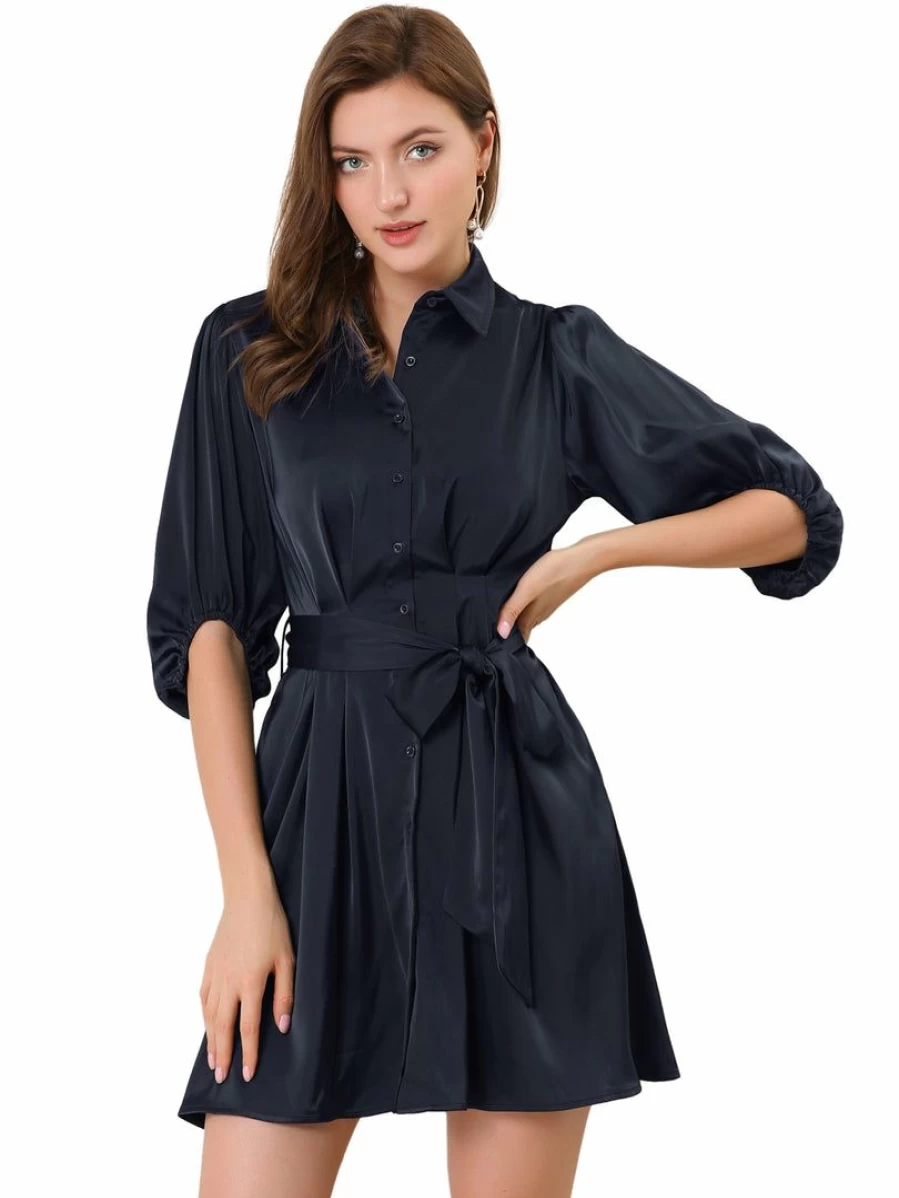 Elegant Satin A-Line Dress with Pleated Waist, Puff Sleeves, and Belted Shirt Design for Women