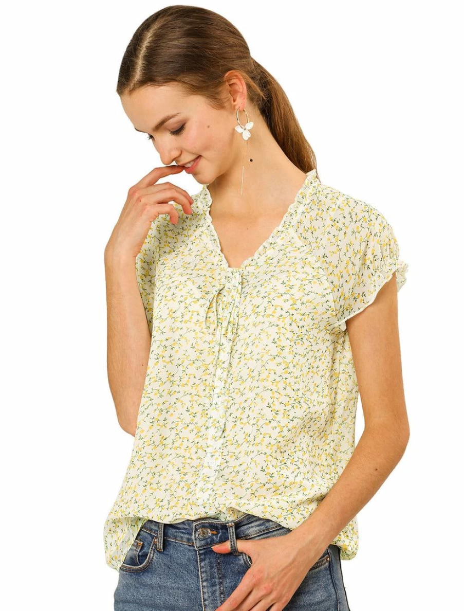 Women's Floral Printed Chiffon Blouse with Ruffles and Cap Sleeves