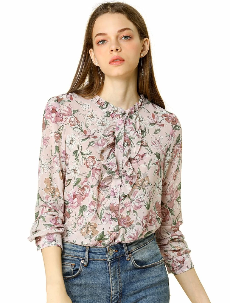 Floral Long Sleeve Button Down Shirt with Ruffle Collar by Allegra K