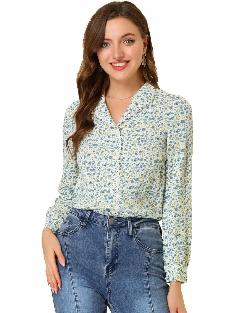 Vintage Floral Blouse for Women with Peter Pan Collar - White Feminine Shirt
