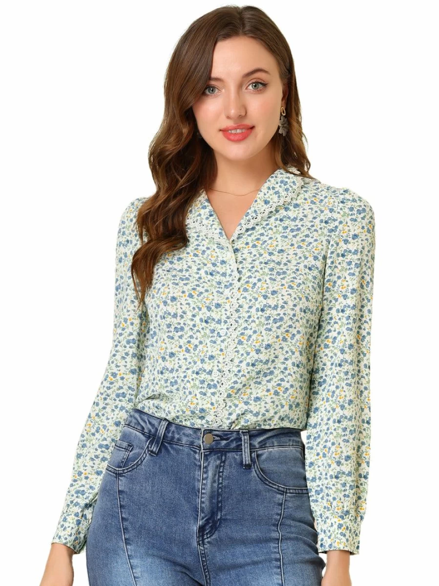 Vintage Floral Blouse for Women with Peter Pan Collar - White Feminine Shirt