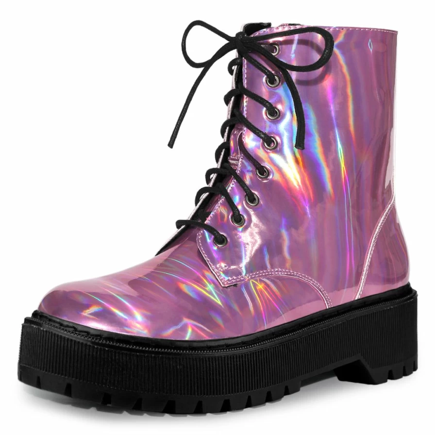 Women's Chunky Platform Combat Boots Round Toe Lace-Up Ankle Boots Fashion Shoes