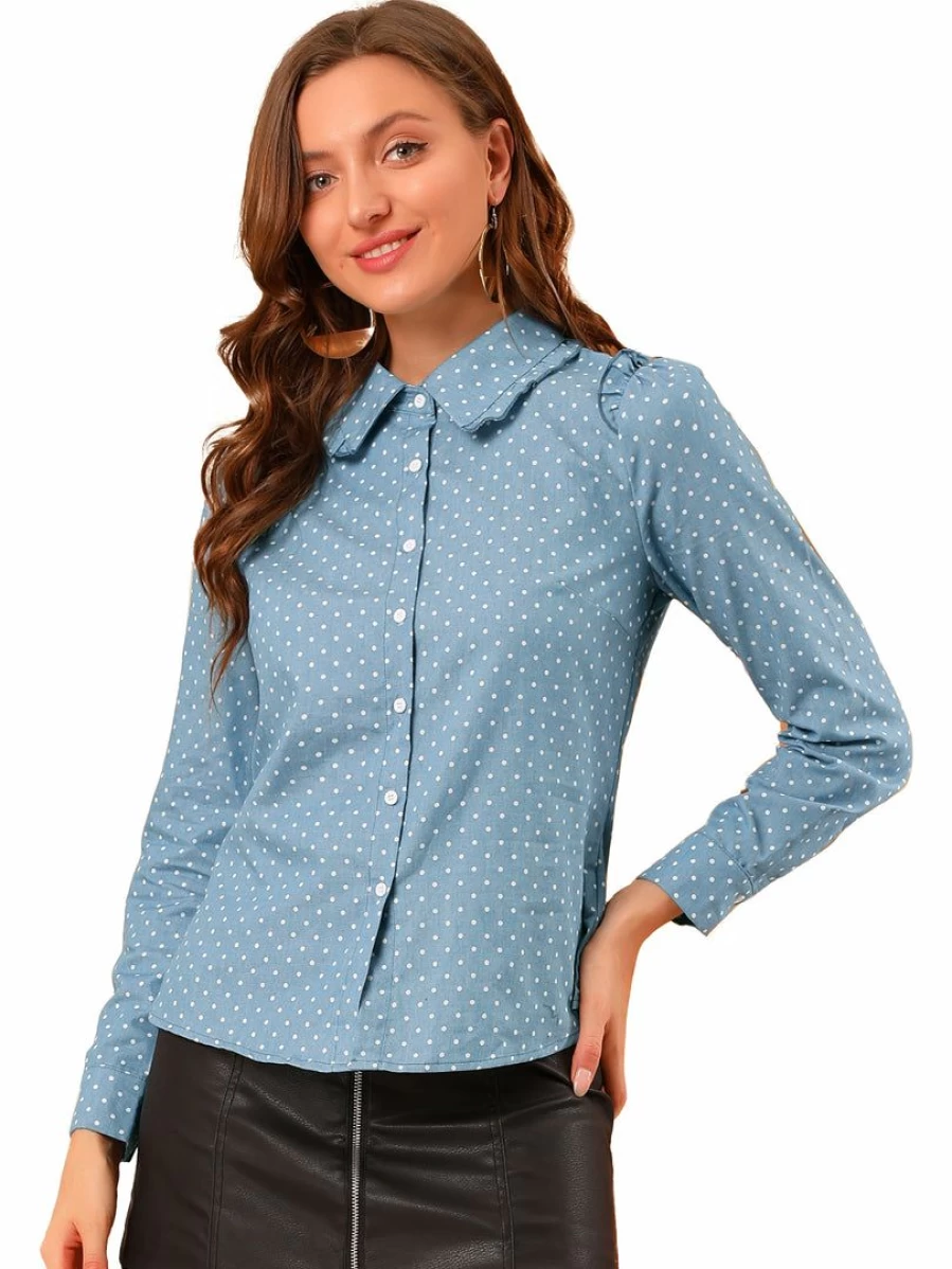 Blue Women's Ruffle Point Collar Dots Long Sleeve Button Down Shirt