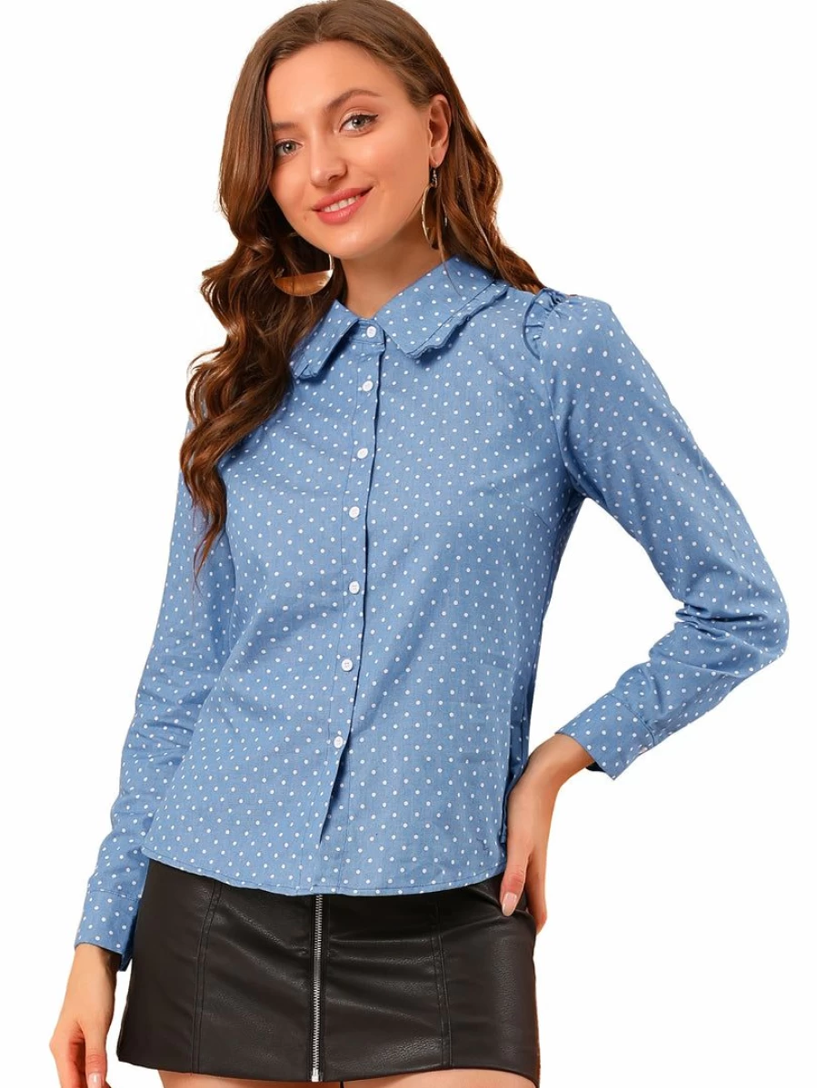 Blue Women's Ruffle Point Collar Dots Long Sleeve Button Down Shirt