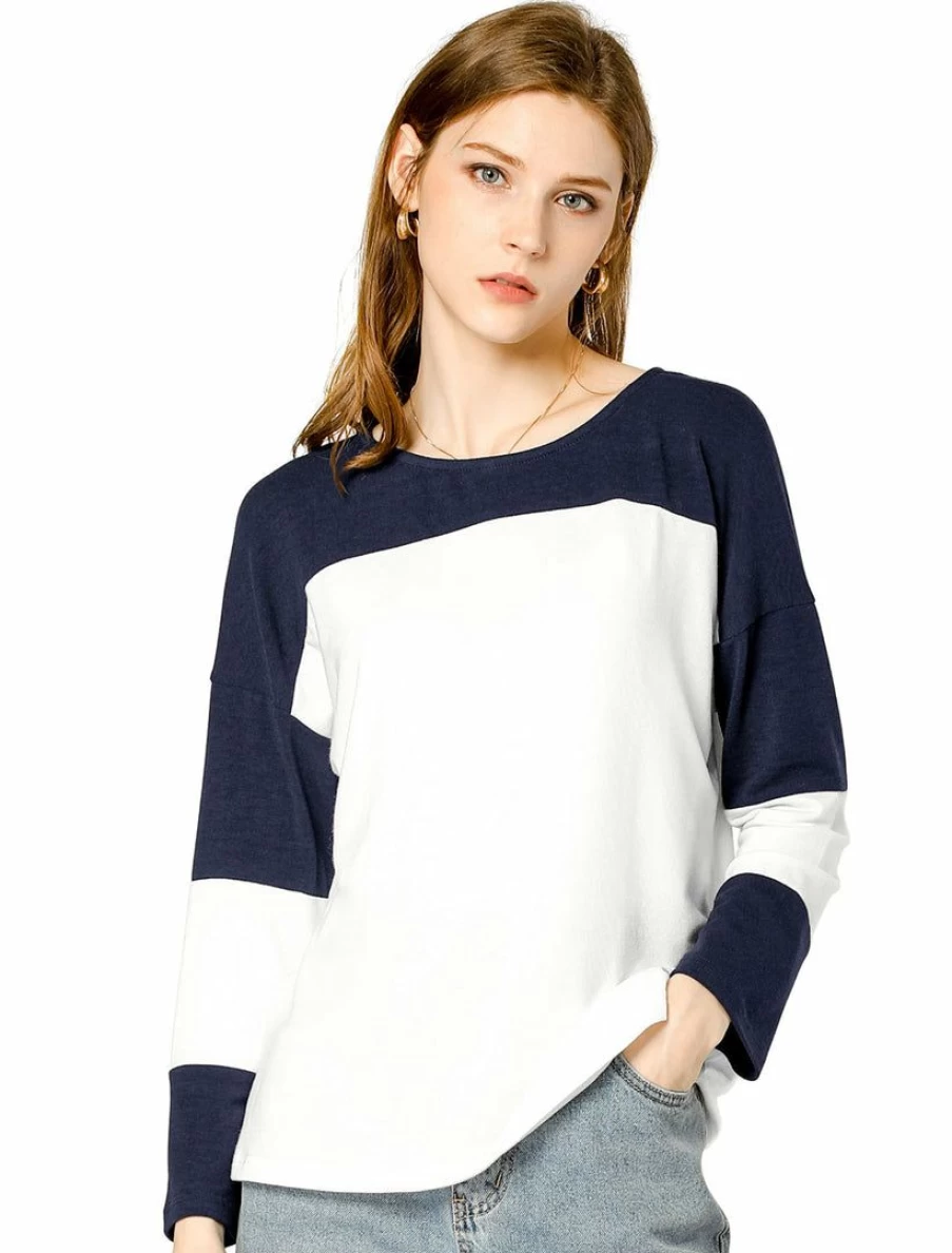 Allegra K Women's Blue White Color Block Knit Top Long Sleeve Round Neck Stretch Pullover