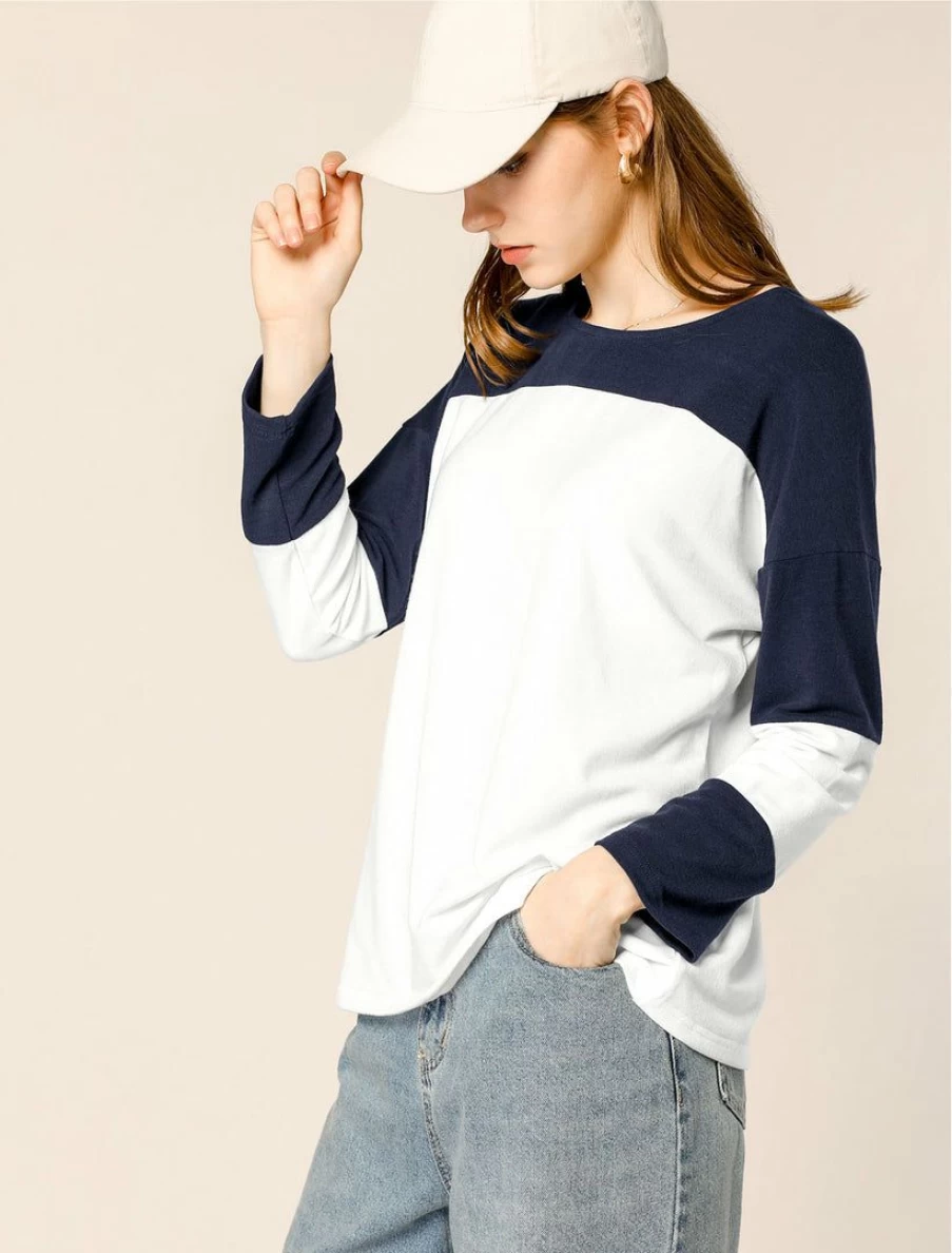 Allegra K Women's Blue White Color Block Knit Top Long Sleeve Round Neck Stretch Pullover