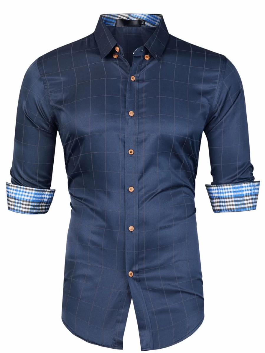 Men's Long Sleeve Plaid Dress Shirt Button Down Business Casual Contrast Style