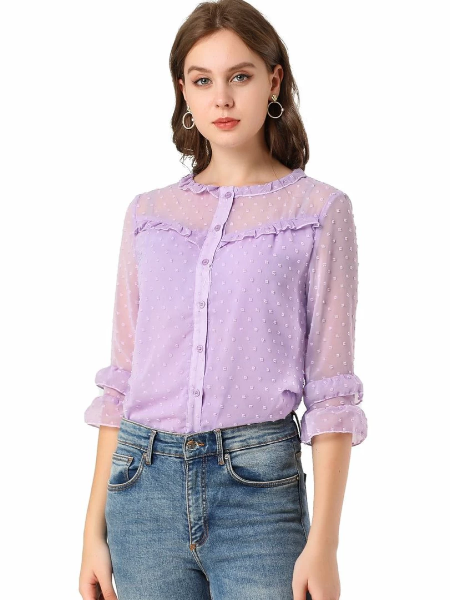 Lavender Women's Ruffled Sleeve Frill Trim Button Down Semi-Sheer Swiss Dots Blouse