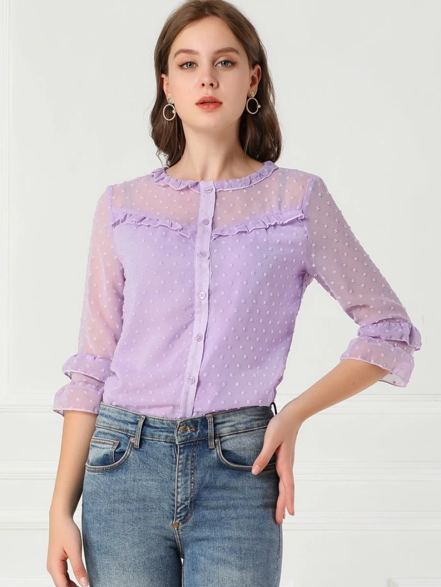 Lavender Women's Ruffled Sleeve Frill Trim Button Down Semi-Sheer Swiss Dots Blouse