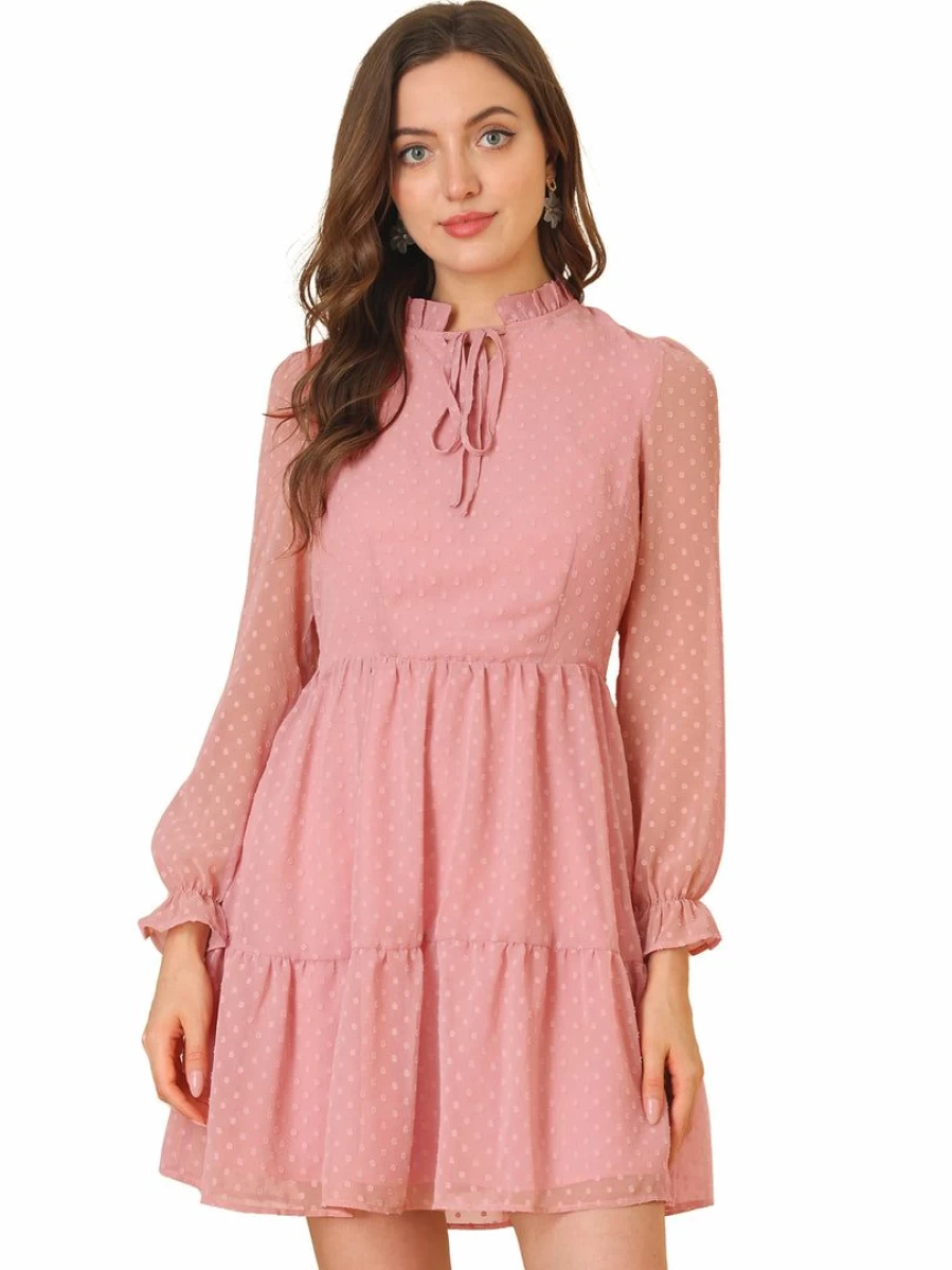 Pink Swiss Dots Babydoll Dress with Ruffle Tie Neck and Tiered Mini Skirt for Women