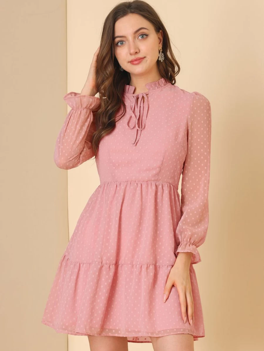 Pink Swiss Dots Babydoll Dress with Ruffle Tie Neck and Tiered Mini Skirt for Women