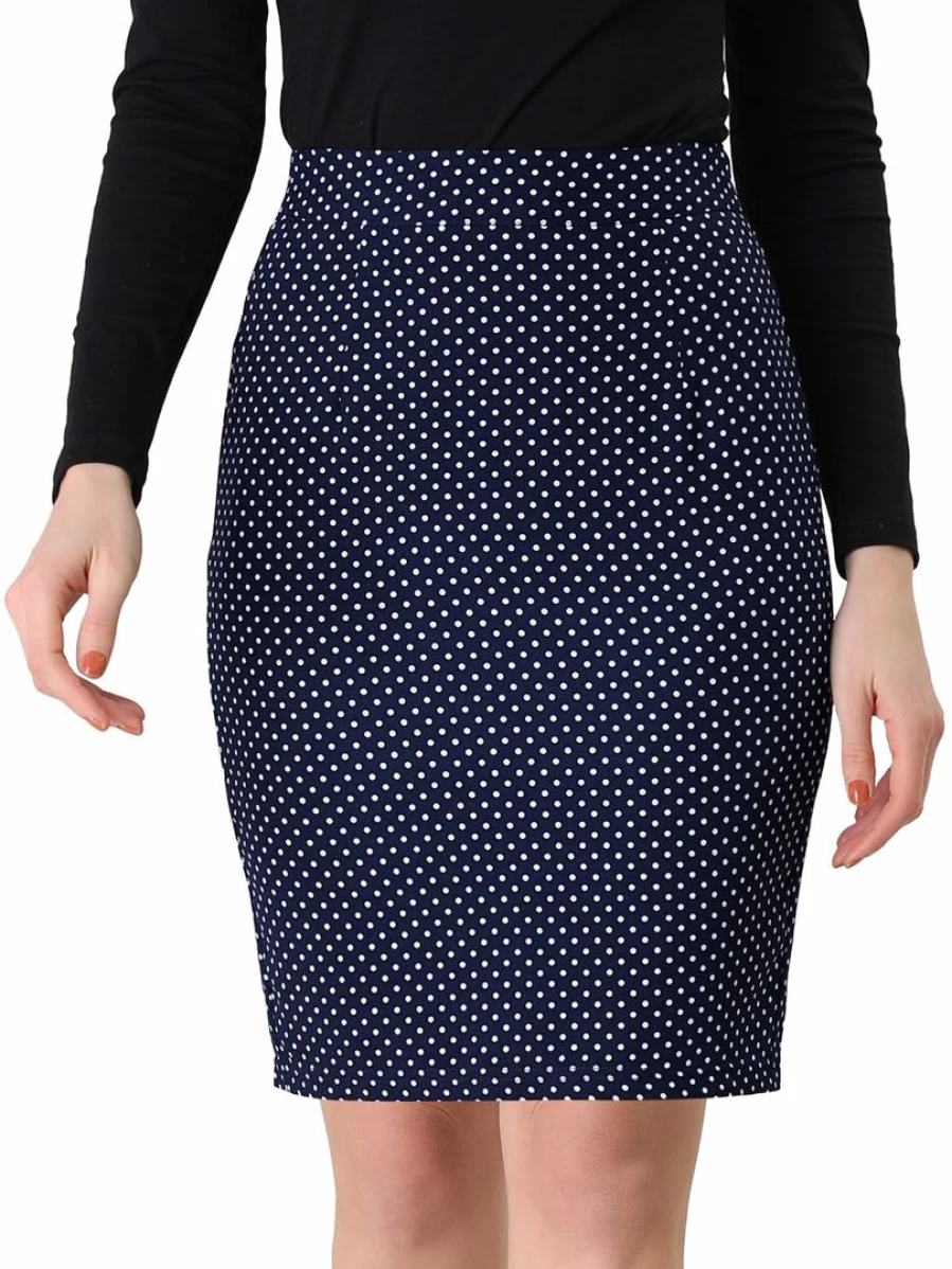Allegra K Women's Dark Blue Stretch Knee-Length Dots Printed Skinny Pencil Skirt for Office & Work