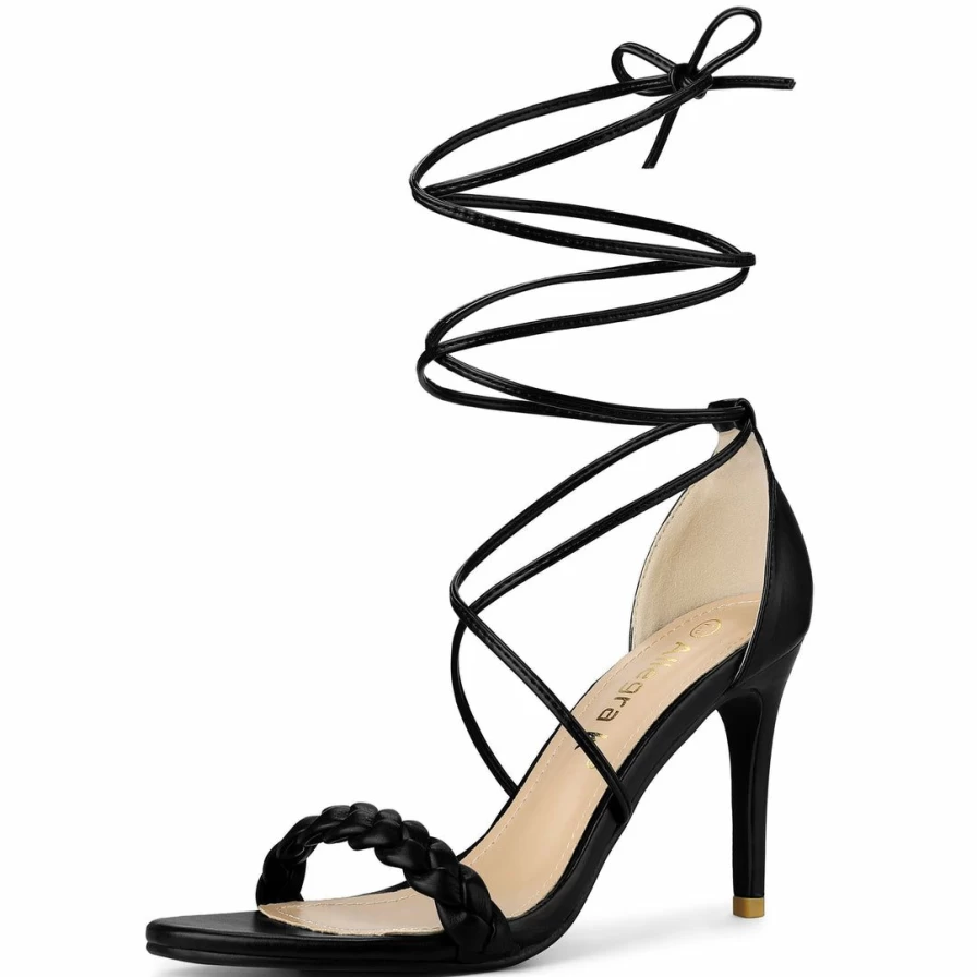 Women's Strappy Stiletto Heel Sandals with Woven Strap and Lace-Up Design