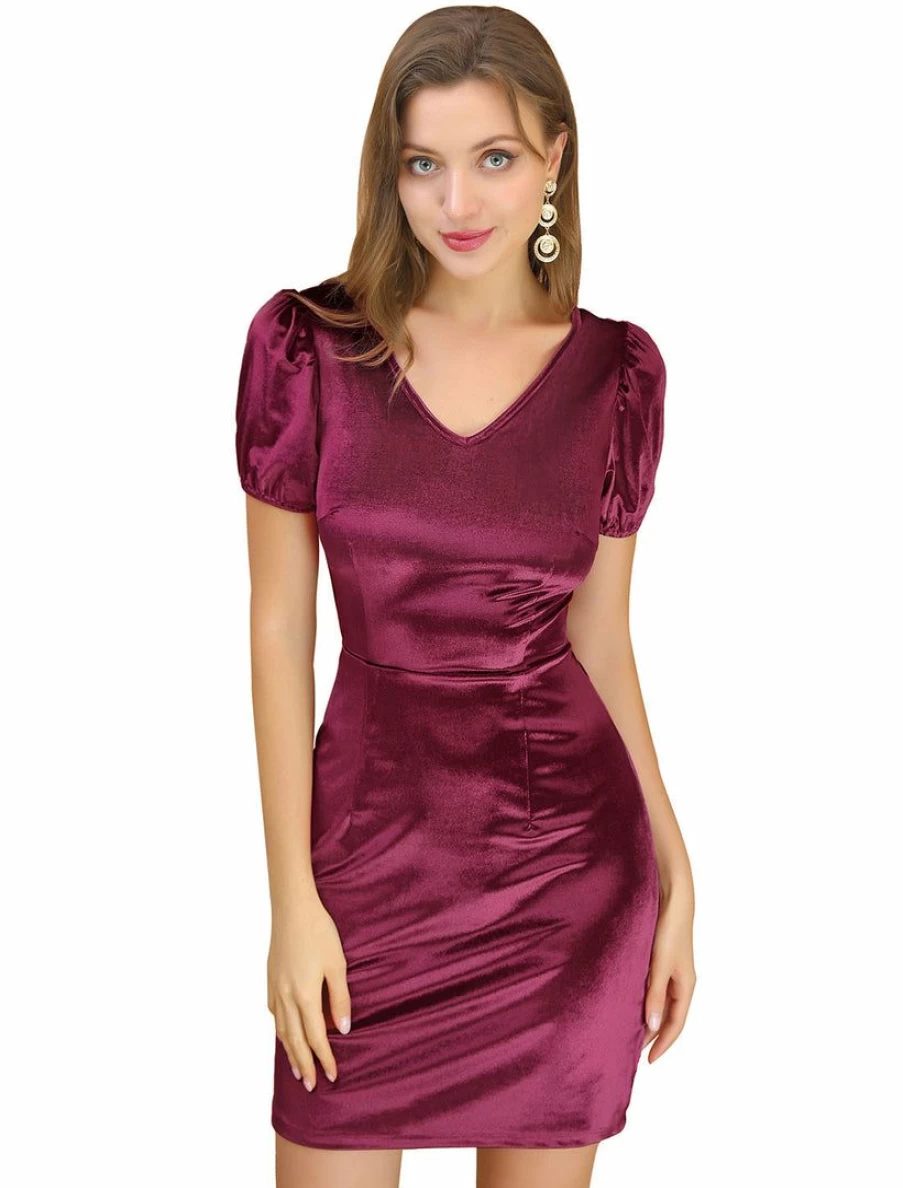 Burgundy Velvet Women's V-Neck Keyhole Back Bubble Sleeve A-Line Short Dress