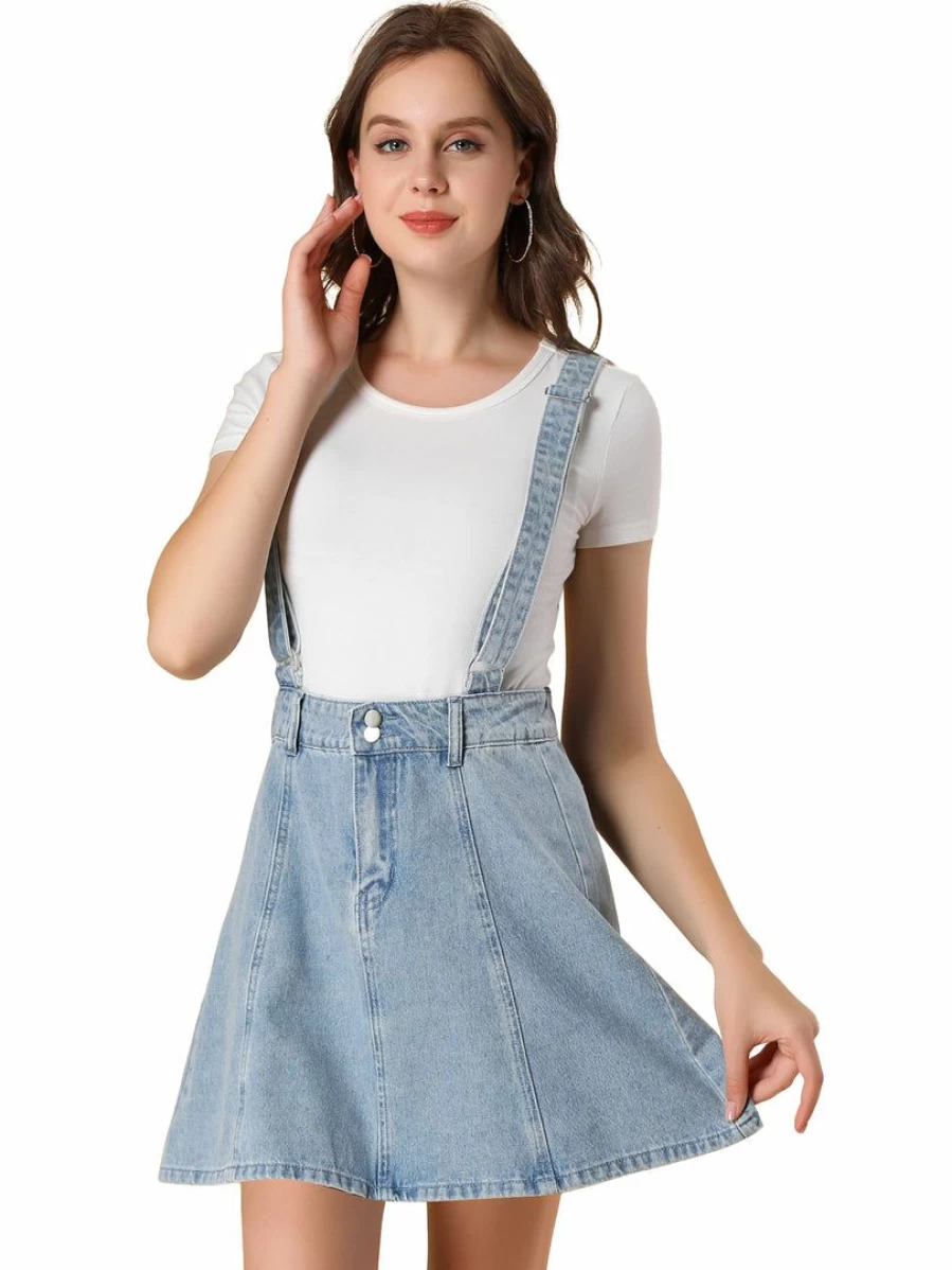 Blue Washed Cotton Button Front Casual Mini Skirt with Suspenders for Women