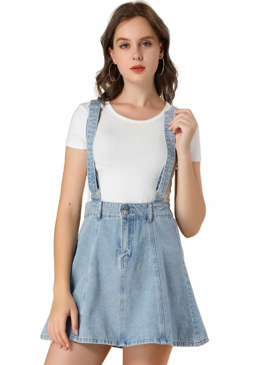 Blue Washed Cotton Button Front Casual Mini Skirt with Suspenders for Women