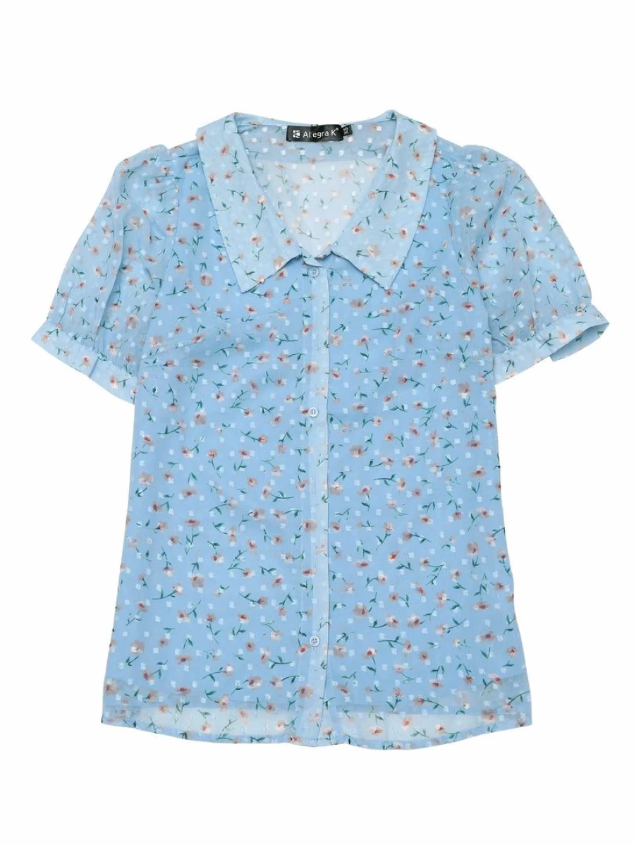 Women's White Floral Semi-Sheer Blouse with Button-Down Collar & Puff Sleeves