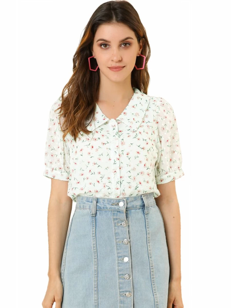 Women's White Floral Semi-Sheer Blouse with Button-Down Collar & Puff Sleeves