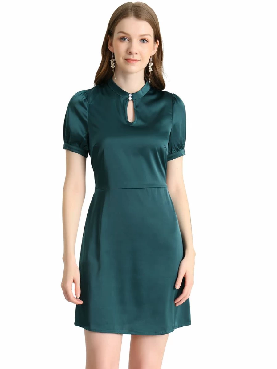 Elegant Green Satin Work Dress for Women with Belt - Short Sleeve Office Attire