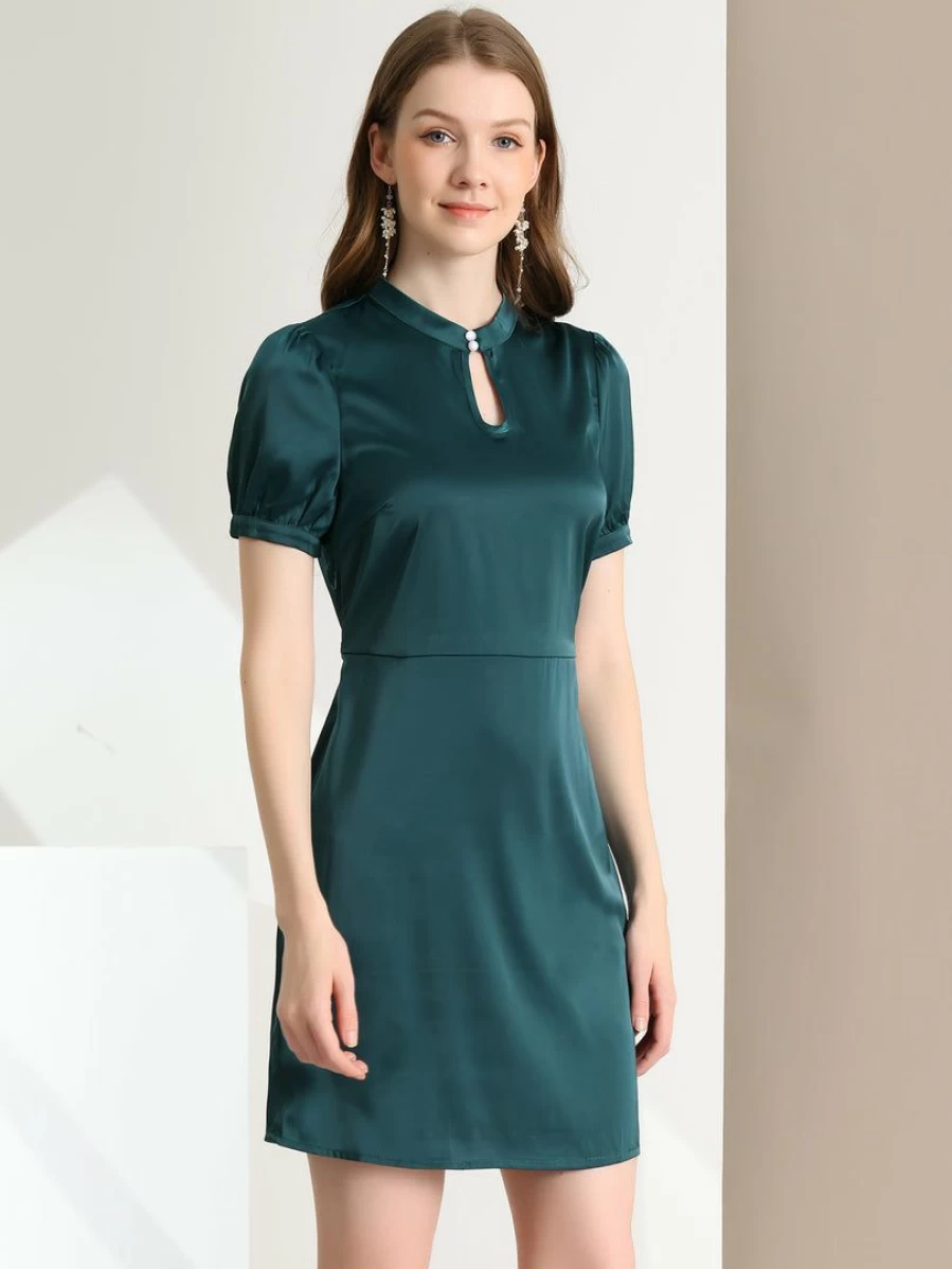 Elegant Green Satin Work Dress for Women with Belt - Short Sleeve Office Attire