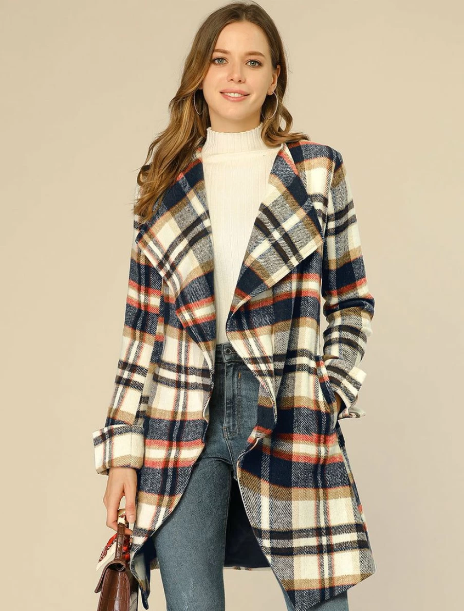 Women's Shawl Collar Belted Plaid Coat with Asymmetrical Hem - Stylish Longline Trench Jacket