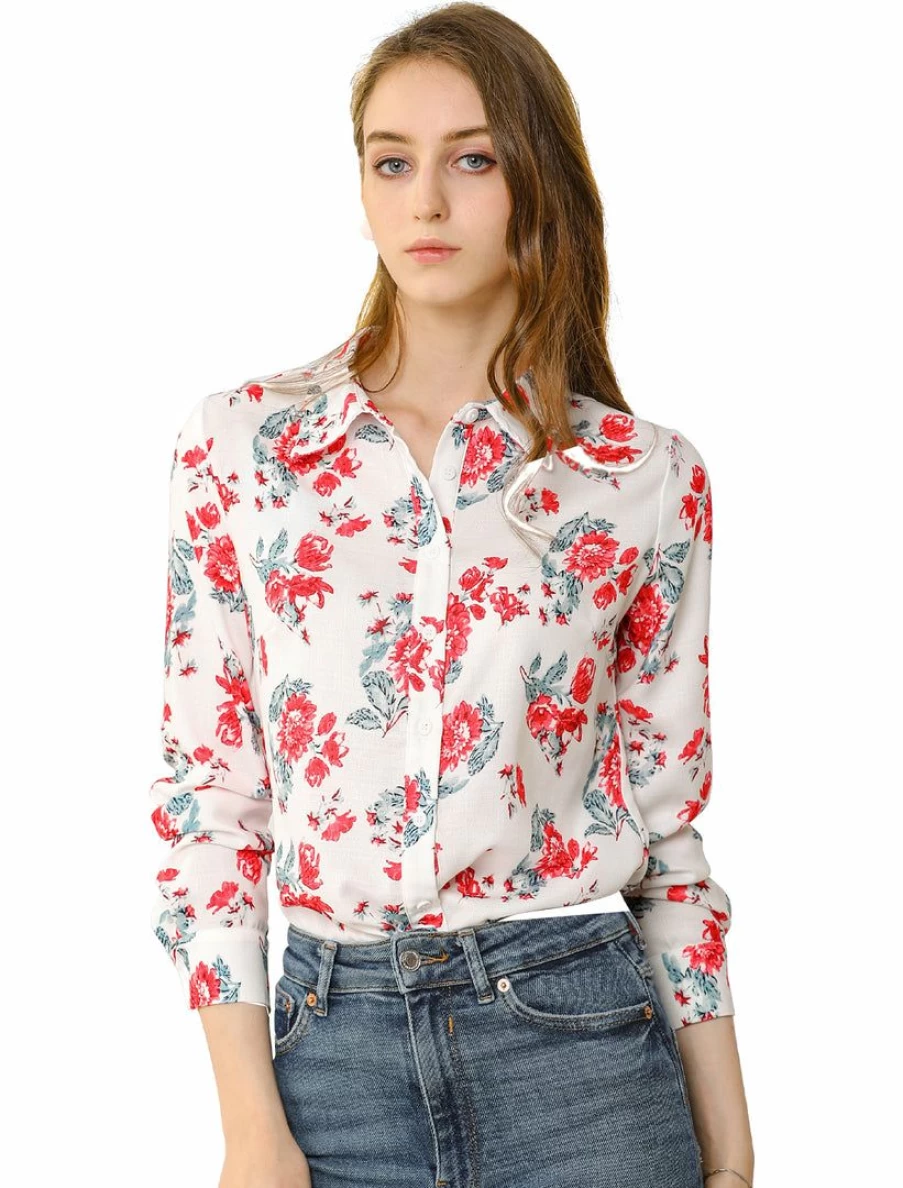 Vintage Floral White Long Sleeve Button Up Shirt for Women Casual Elegant Blouse