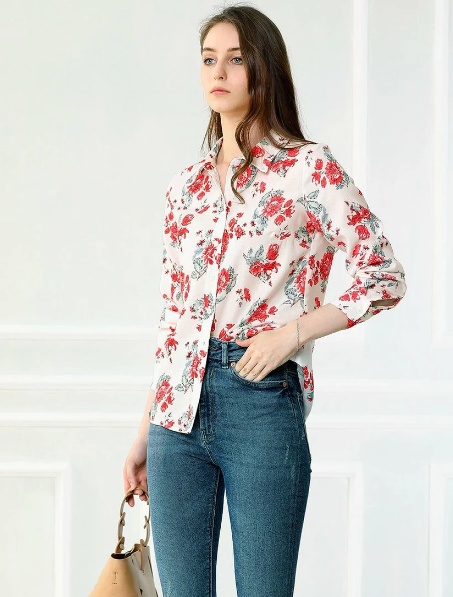 Vintage Floral White Long Sleeve Button Up Shirt for Women Casual Elegant Blouse