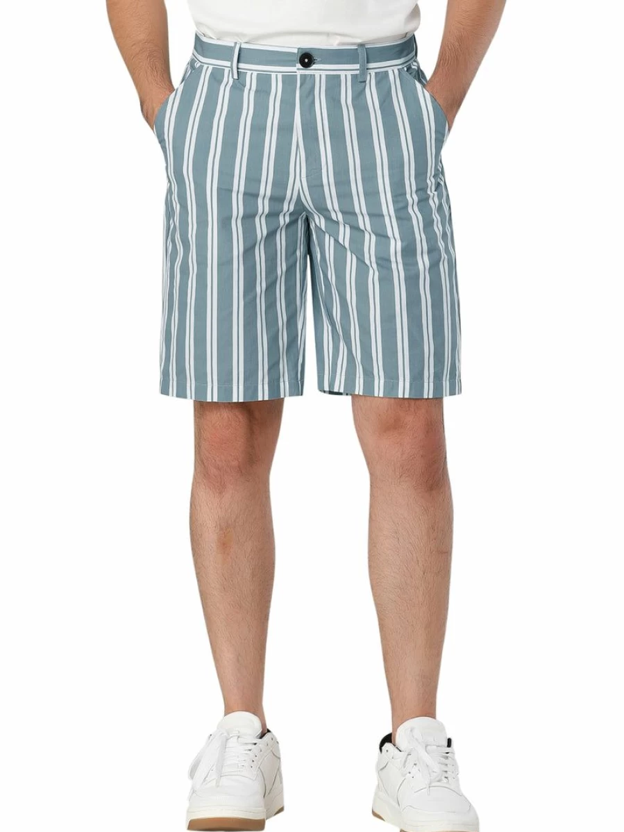 Men's Slim Fit Blue White Striped Seersucker Shorts - Flat Front Summer Chino Pants