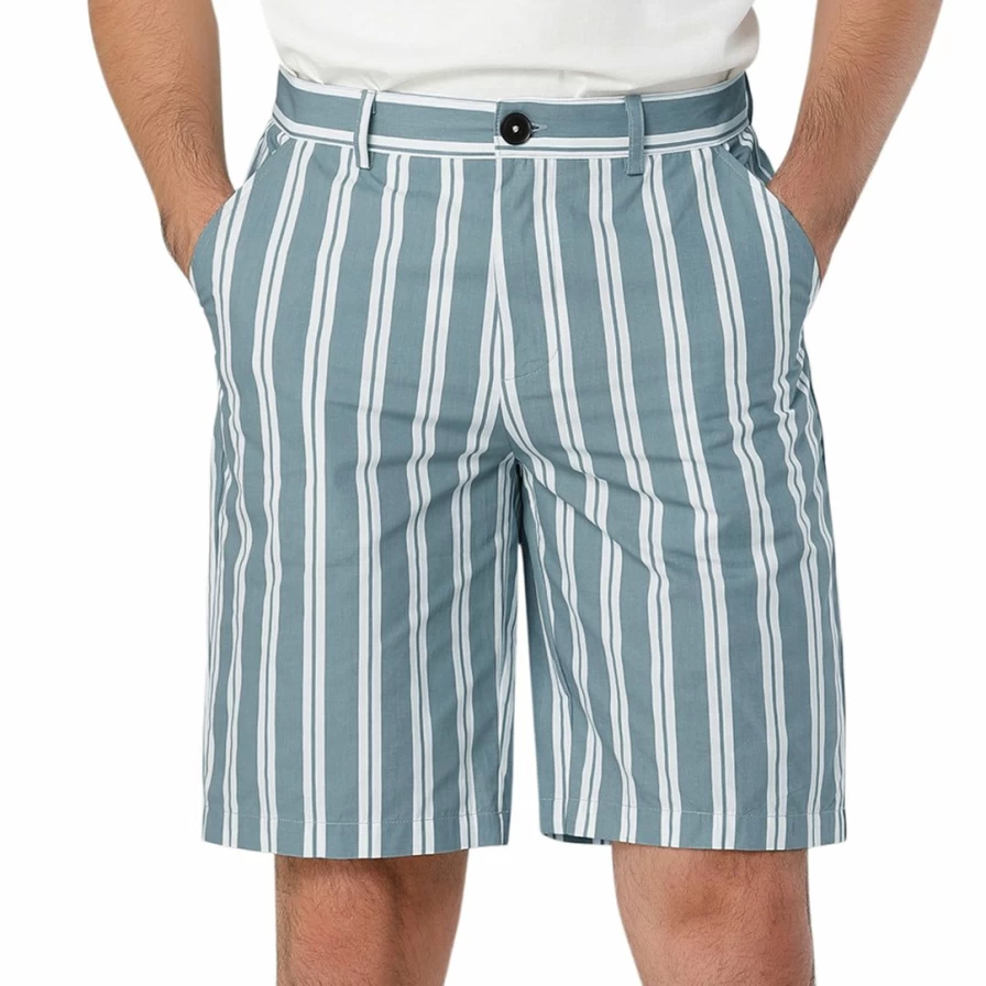 Men's Slim Fit Blue White Striped Seersucker Shorts - Flat Front Summer Chino Pants
