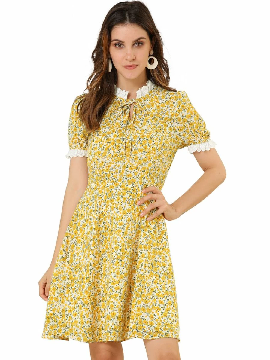 Women's Floral Print Short Sleeve Dress with Ruffled Collar - Casual Summer Dress