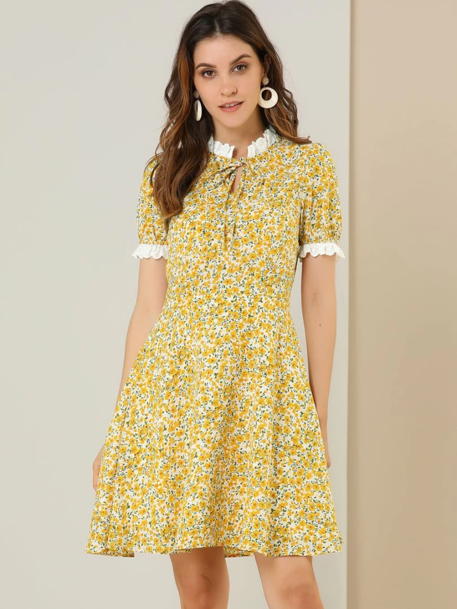 Women's Floral Print Short Sleeve Dress with Ruffled Collar - Casual Summer Dress