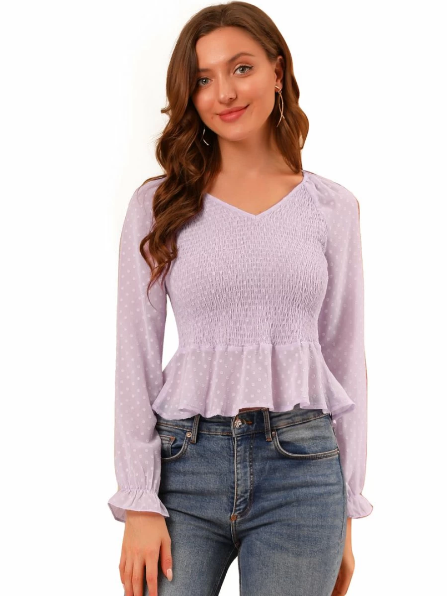 Women's V-Neck Chiffon Peplum Blouse with Smocked Detail and Ruffled Swiss Dots Design