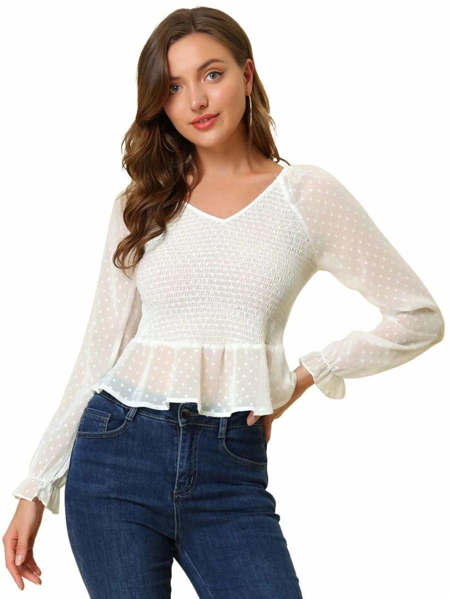 Women's V-Neck Chiffon Peplum Blouse with Smocked Detail and Ruffled Swiss Dots Design