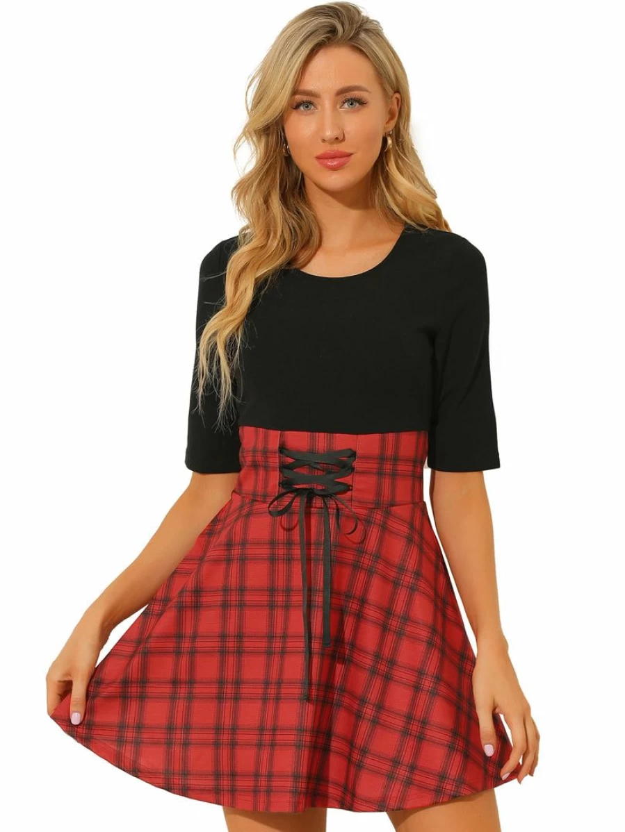 Allegra K Women's Black Plaid A-Line Dress with Round Neck, Half Sleeves, and Tie Detail