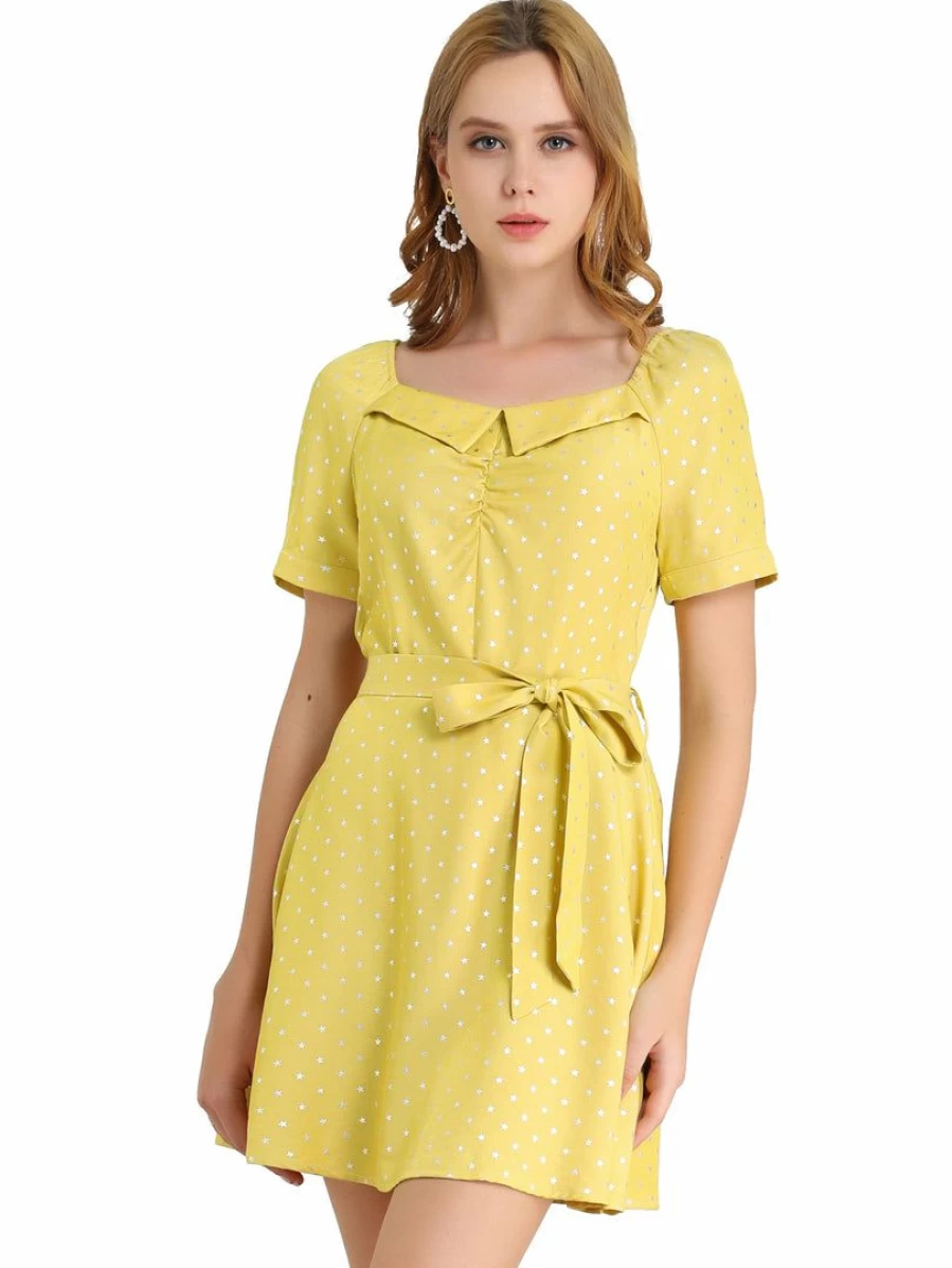 Allegra K Women's Yellow Sweetheart Neck Tie Waist Floral Summer Dress
