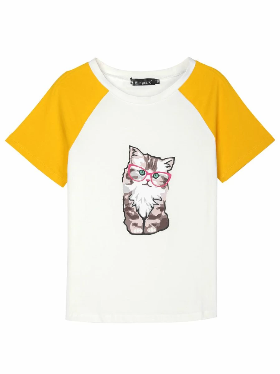 Women's Casual Short Sleeve Cat Print T-Shirt - Summer Graphic Tee with Cartoon Design