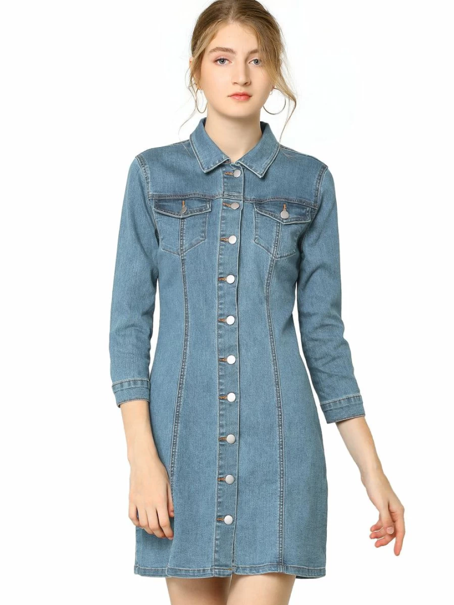 Women's Denim Shirt Dress with 3/4 Sleeves and Button Down Design by Allegra K