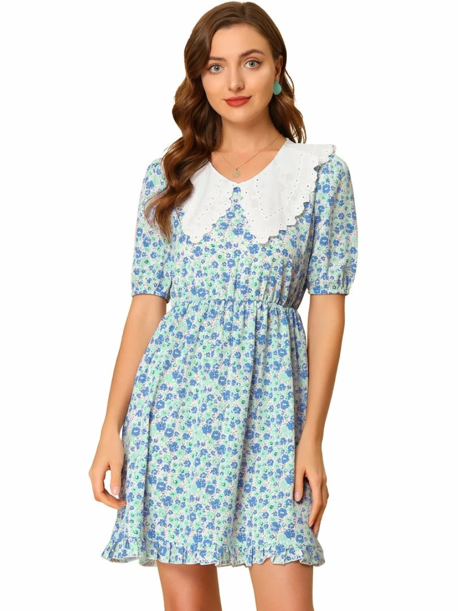 Allegra K Women's Blue Floral Lace Short Sleeve Dress with Flat Collar