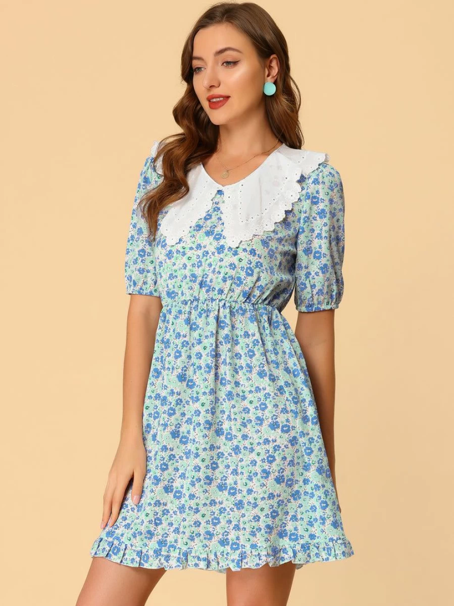 Allegra K Women's Blue Floral Lace Short Sleeve Dress with Flat Collar