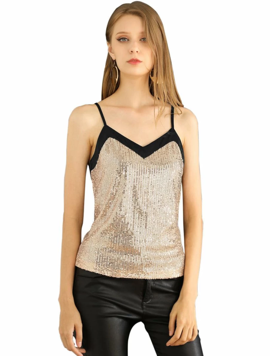 Gold Sequin Glitter Spaghetti Strap Camisole Tank Top for Women