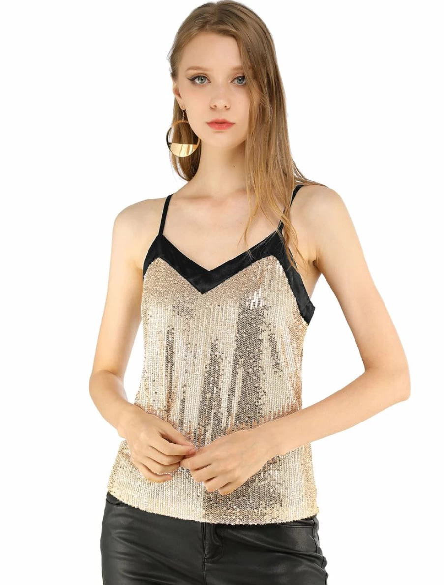 Gold Sequin Glitter Spaghetti Strap Camisole Tank Top for Women
