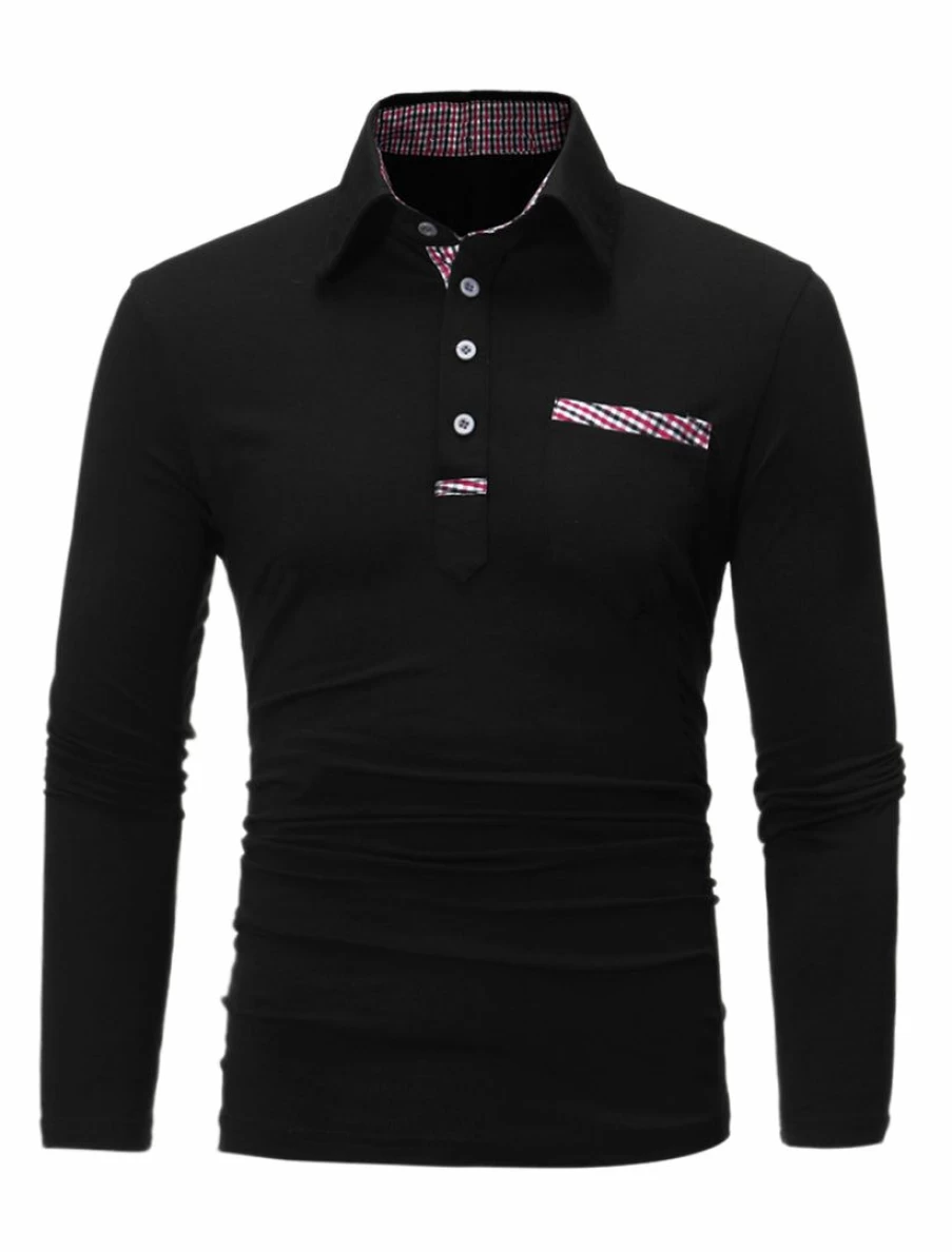 Men's Casual White Long Sleeve Plaid Collar Polo Shirt with Pockets