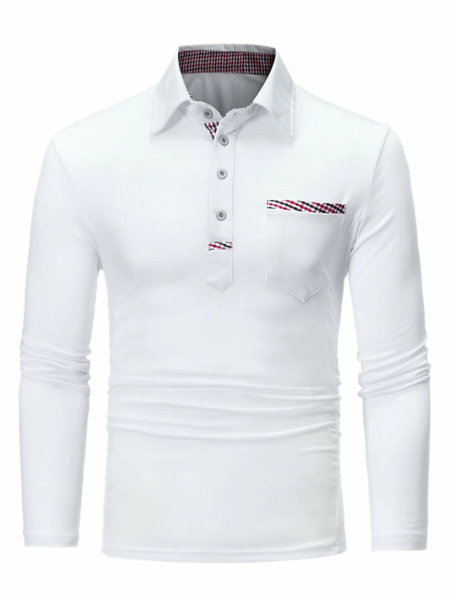 Men's Casual White Long Sleeve Plaid Collar Polo Shirt with Pockets